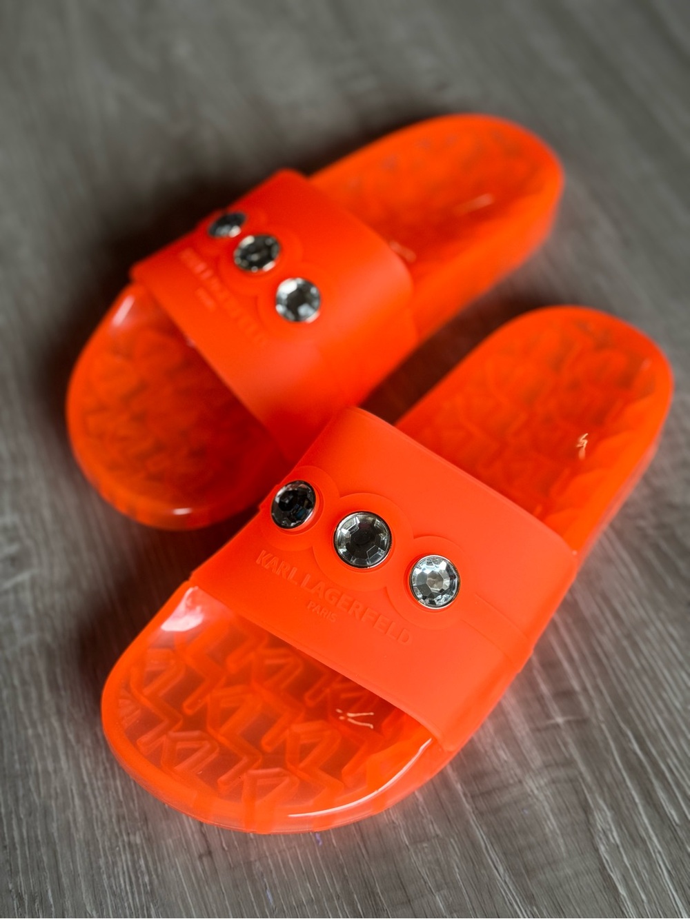 Karl Lagerfeld Neon Orange Jeweled Slide Sandals